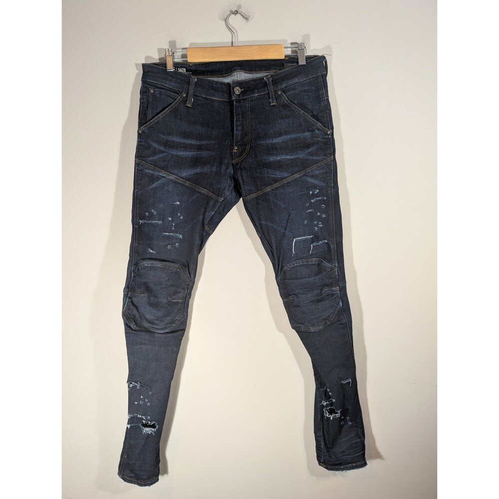 G-Star Raw 5620 3D Super Slim Elwood Jeans Dark Wash Distressed Sz 34x32 Biker